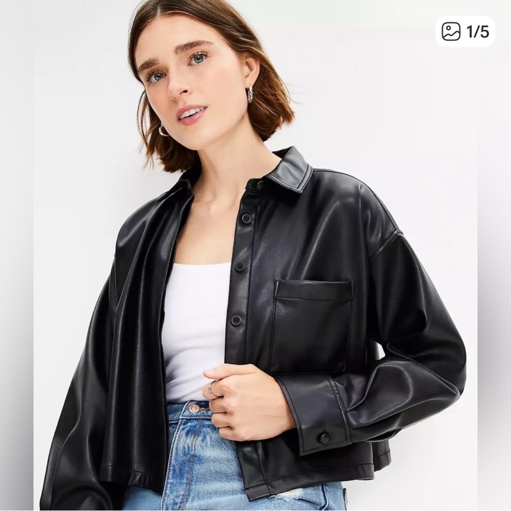 LOFT Black Faux Leather Button-Front Jacket